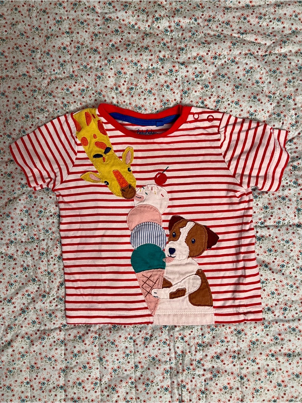Mini Boden Red and White Striped Tee with Ice Cream & Animal Appliqués